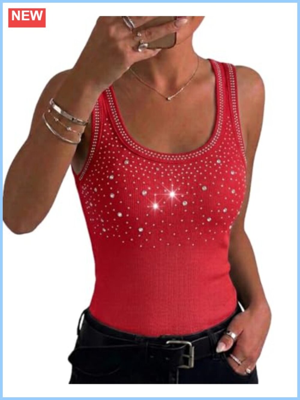 Rhinestone Tank Top Sleeveless U-Neck Ribbed Fitted Stretch